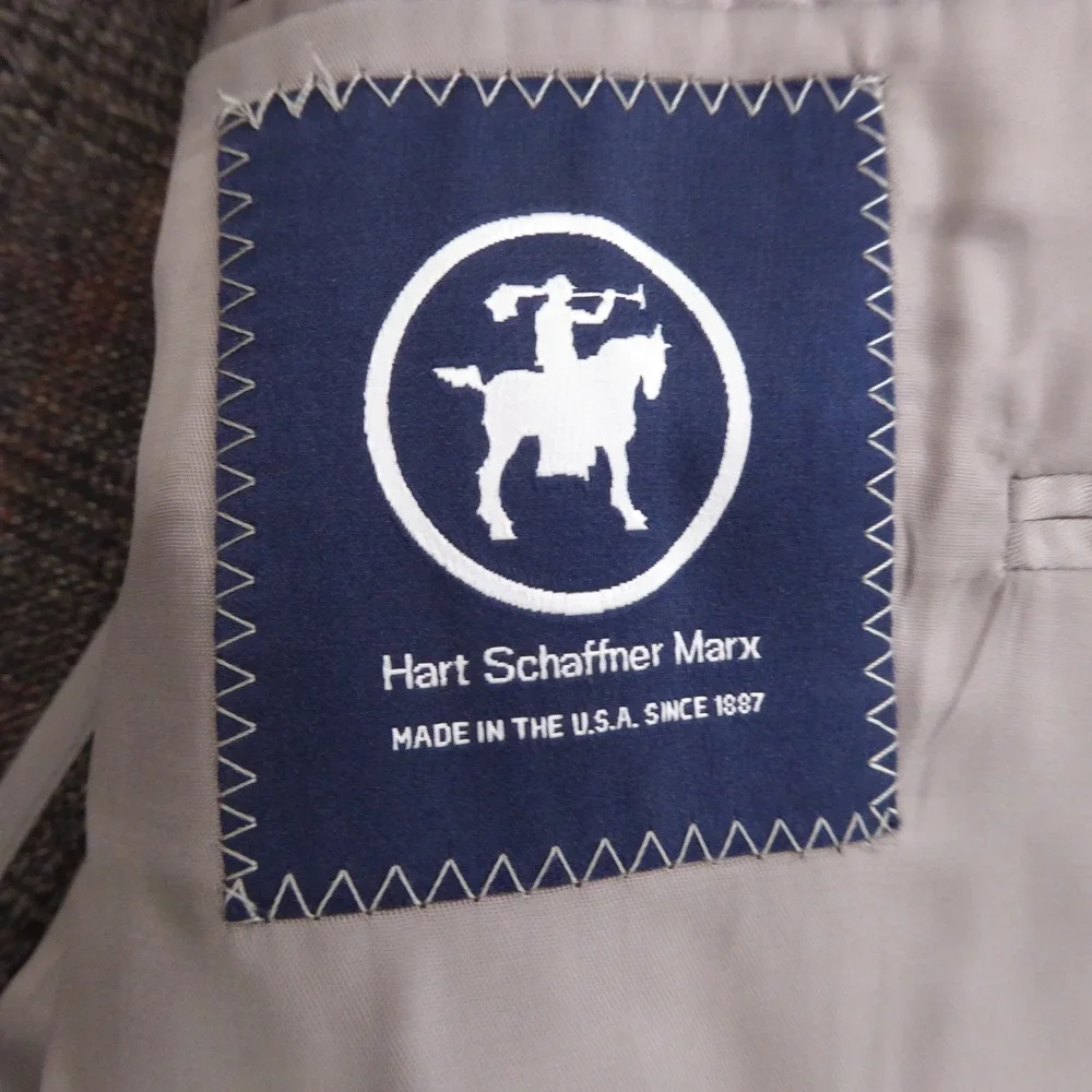 Hart Schaffner Marx Mens Blazer Brown Plaid Wool Two Button Half Lined 48L Long
